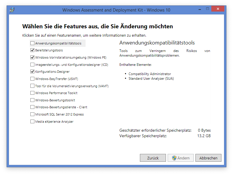 Auswahl der Microsoft ADK Komponenten bei OS-Deploy