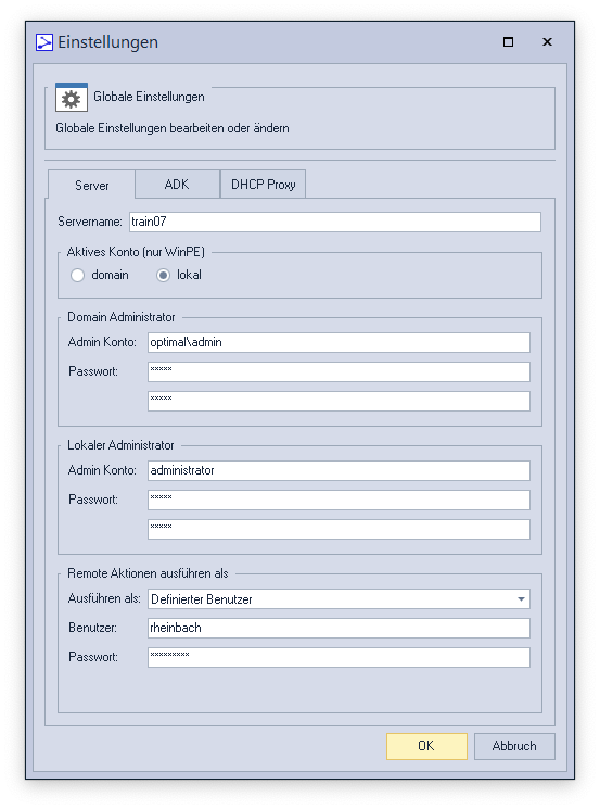 Globale Einstellungen Server Einstellungen von OS-Deploy
