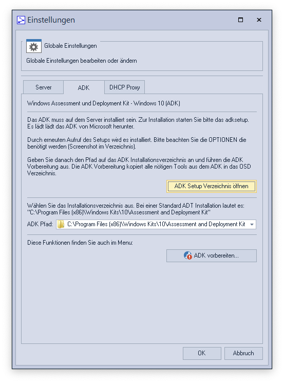 Globale Microsoft ADK Einstellungen Einstellungen von OS-Deploy