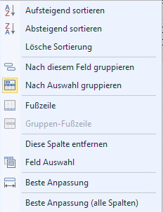 Erweitertes Menü für die Tabellansicht