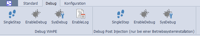 Menüleiste der debug Einstellungen von OS-Deploy