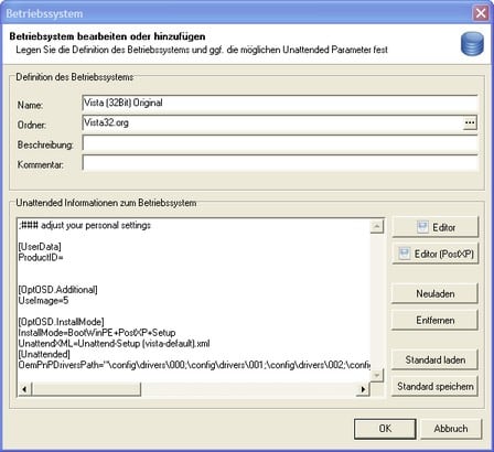 Beipsiel einer unattend Konfiguration mit dem Editor für OS-Deploy